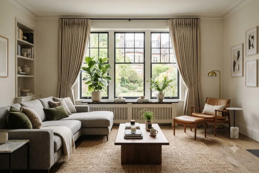 Elegant curtains in a modern UK living room with stylish window coverings.