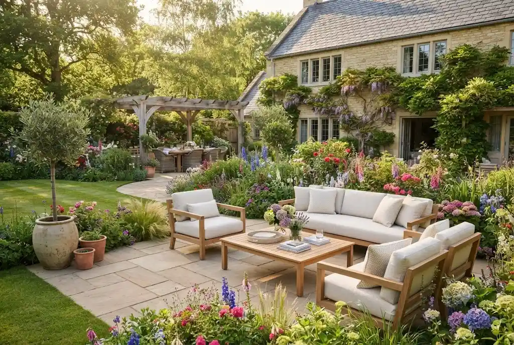 Modern garden furniture with elegant cream garden furniture on a stylish UK patio.