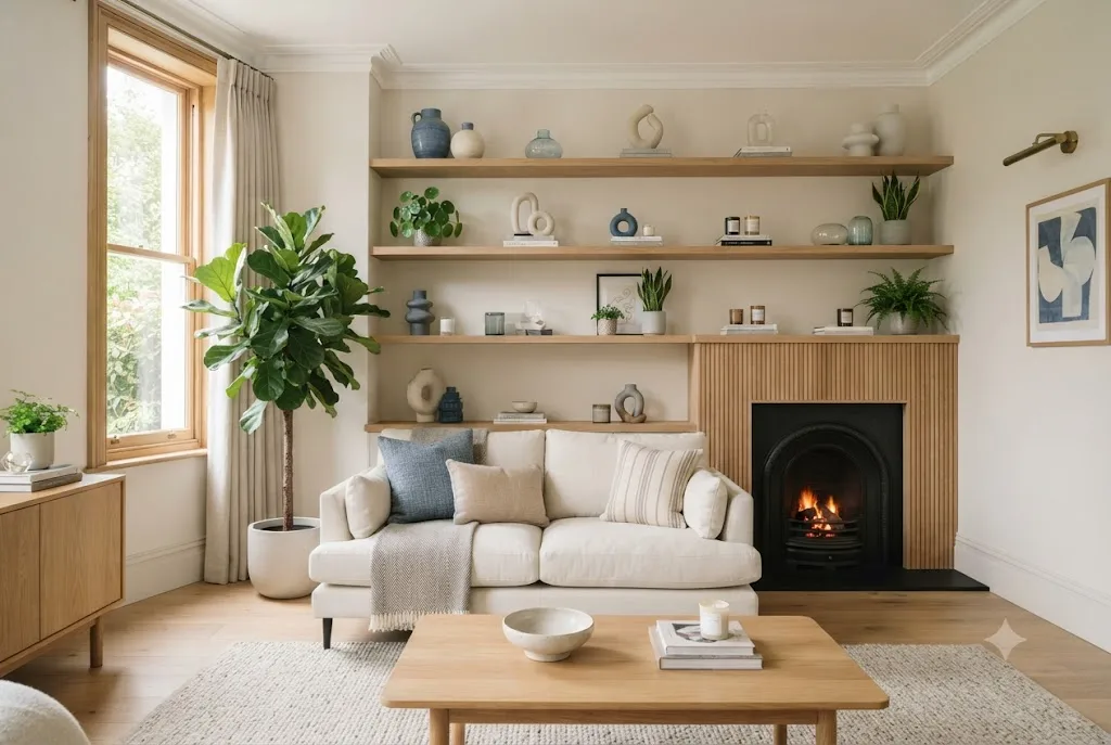 Elegant home ornaments including shelf ornaments and blue ornaments displayed in a stylish UK living room.