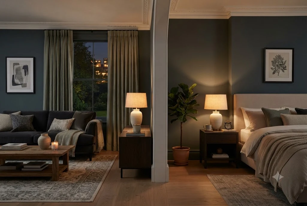 Elegant table lamps on bedside tables in a stylish modern UK bedroom.