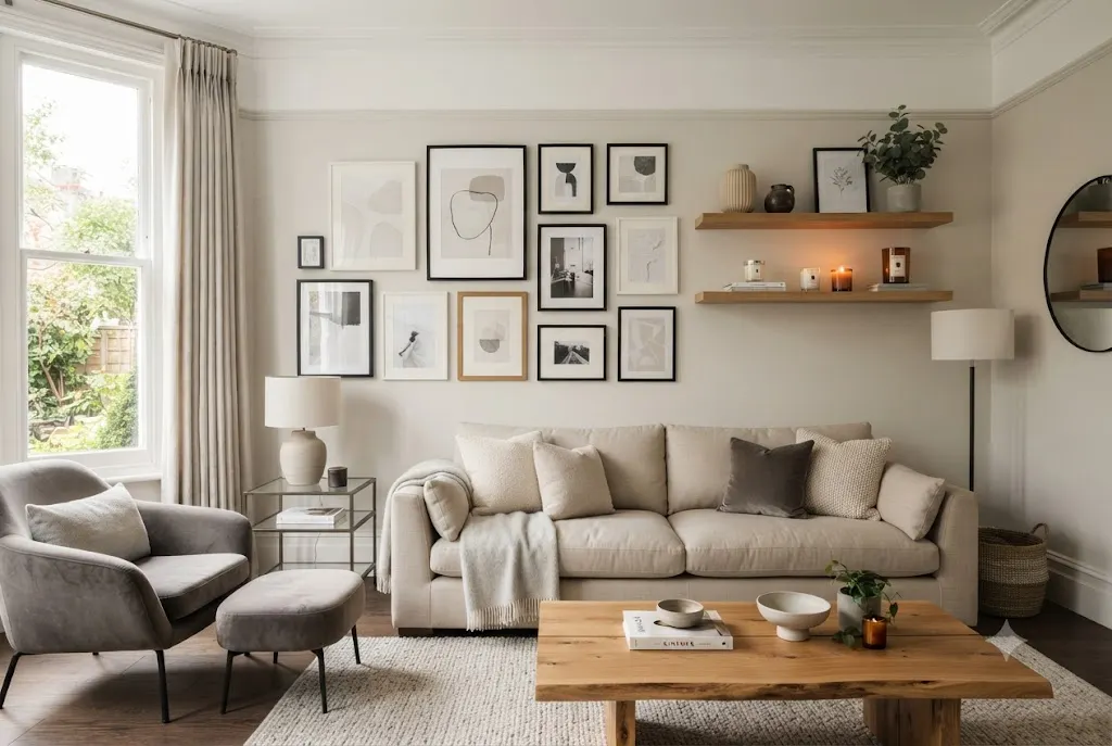 Elegant wall decor featuring photo frames and floating shelves in a stylish UK living room.