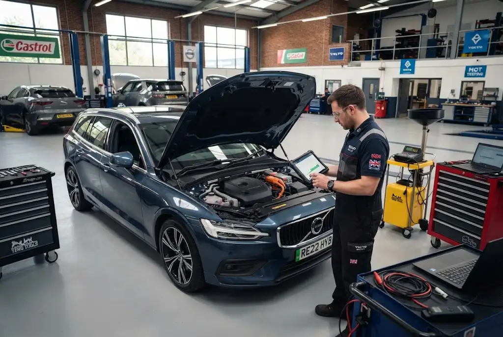 Hybrid servicing and battery maintenance at a professional UK automotive workshop
