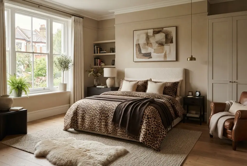 leopard print bedding styled in a modern UK bedroom