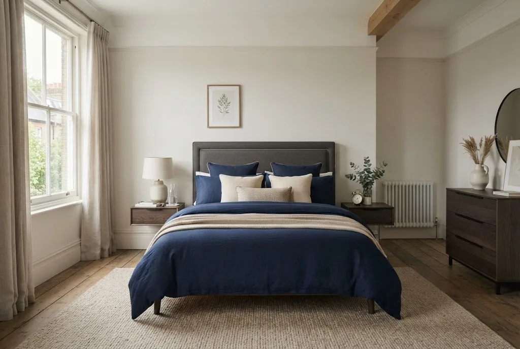 navy bedding sets styled in a modern UK bedroom