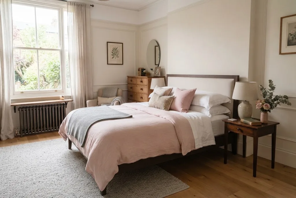 pink and white bedding styled in a modern UK bedroom
