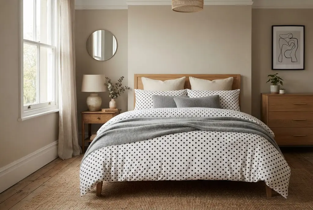 polka dot bedding styled in a modern UK bedroom