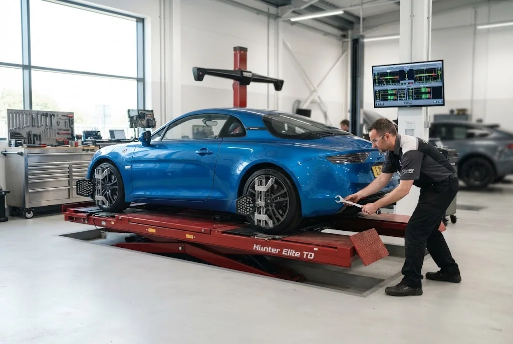 Wheel alignment being performed on a car at a professional UK garage