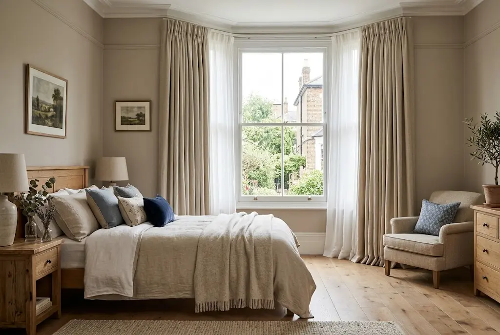 Bedroom curtains drapes framing a large window in a cosy UK bedroom