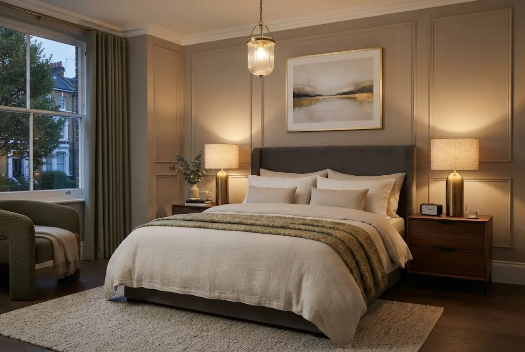 Bedside table lamp in a stylish UK bedroom