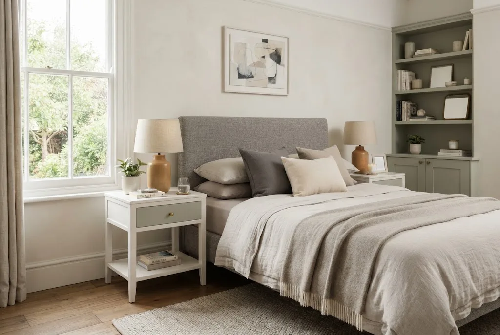 Bedside tables in a stylish modern UK bedroom