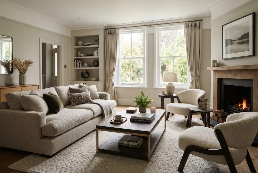 Coffee table living room with stylish furniture and side tables