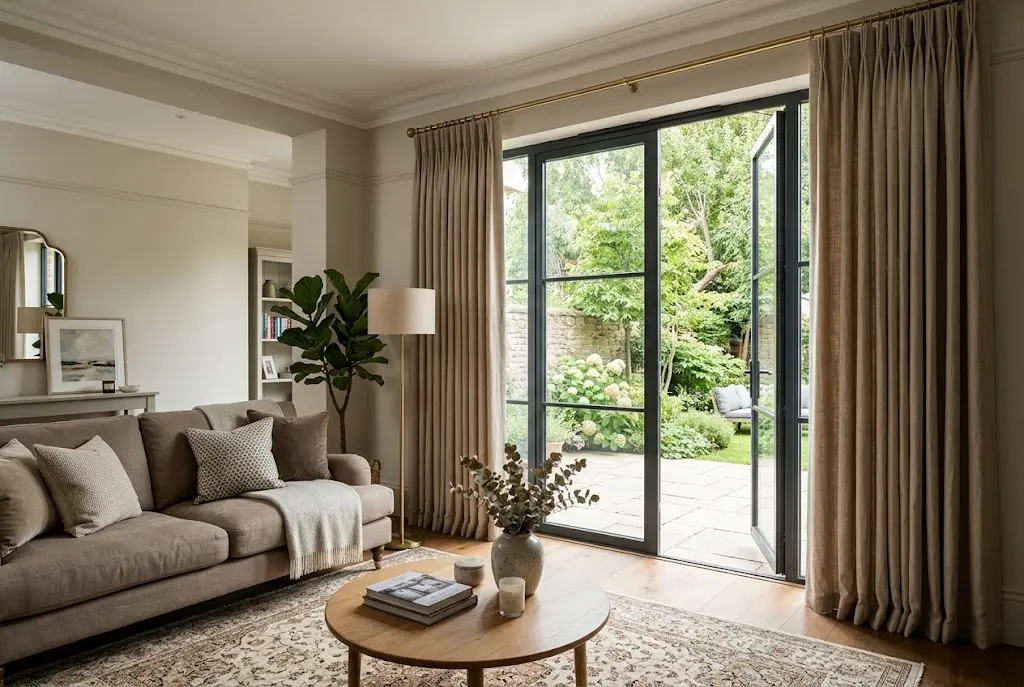 Door curtains UK style framing a glazed patio door