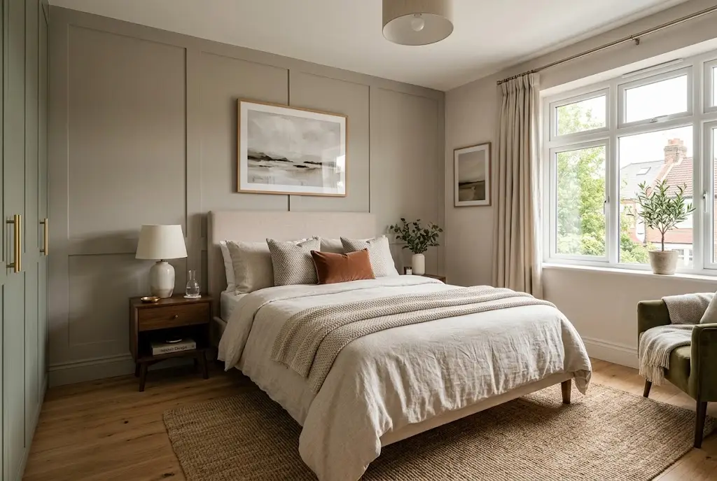 Double bed bedding set styled in a modern UK bedroom