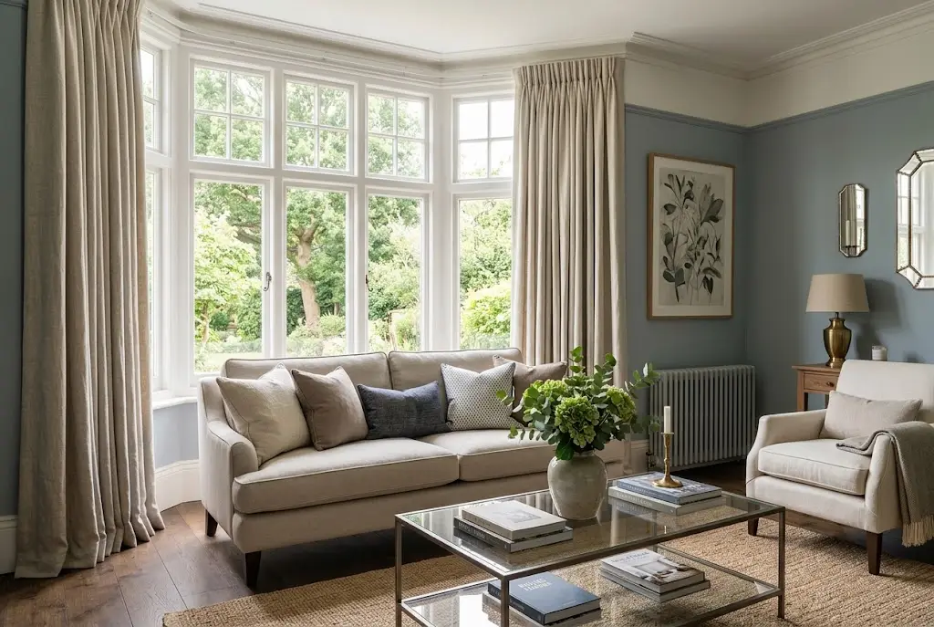 Living room curtains framing large windows in a stylish UK home