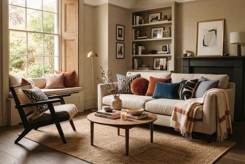 Throw pillows and throws styled on a modern UK living room sofa