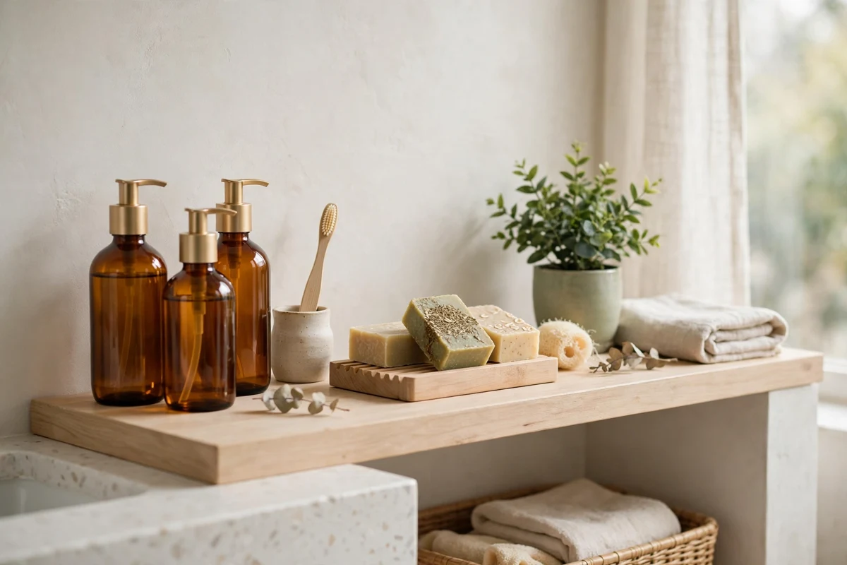 Refillable amber bottles, solid soap bars and a wooden toothbrush illustrating sustainable beauty on a bathroom shelf