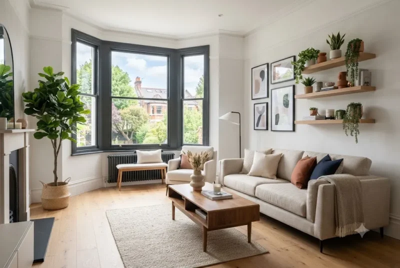 Premium artificial indoor plants decorating a stylish modern UK living room.