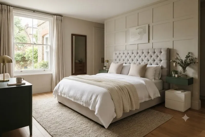 Elegant bedroom furniture featuring a bedside cabinet white design, green bedside tables, and modern bedside shelves.