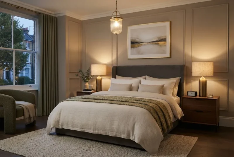 Bedside table lamp in a stylish UK bedroom