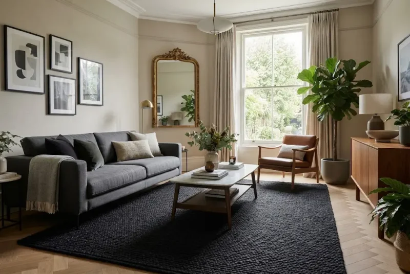Black rugs for living room with modern sofa and coffee table