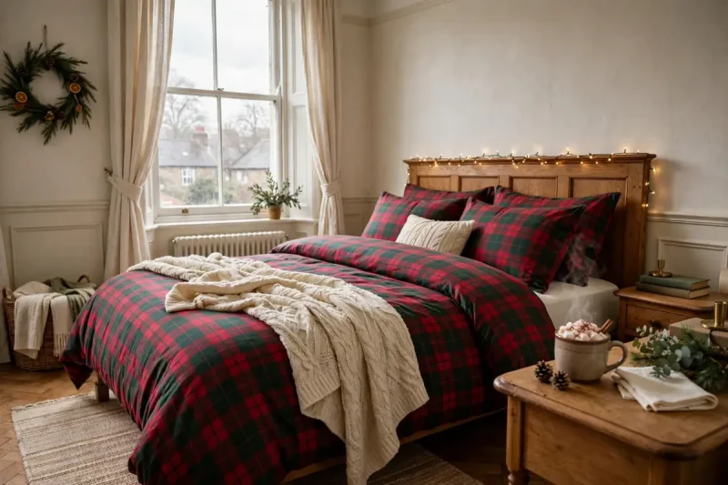Festive christmas bedding styled in a cosy UK bedroom