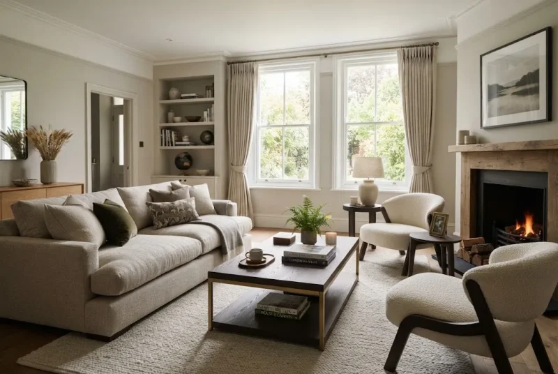 Coffee table living room with stylish furniture and side tables