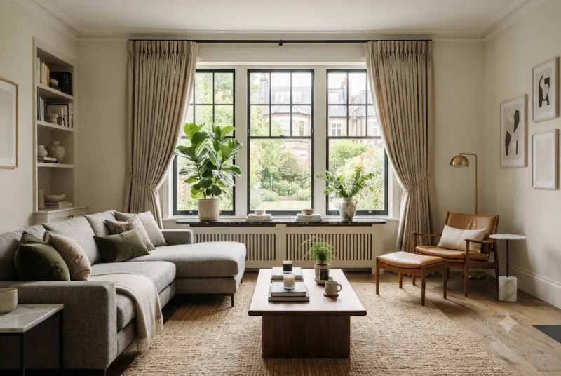 Elegant curtains in a modern UK living room with stylish window coverings.