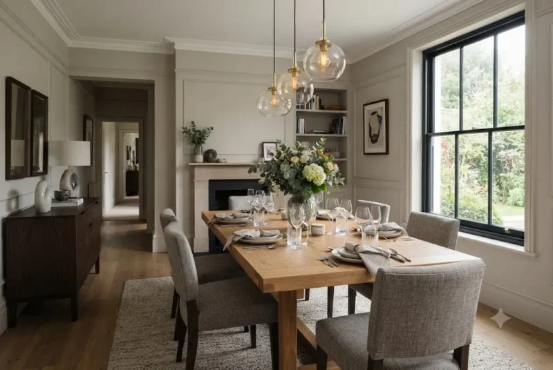 Elegant dining room furniture featuring a modern dining table set with wooden table and chairs in a stylish UK home.