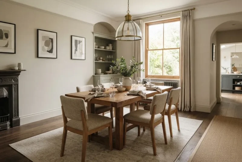Dining table set with wooden table and chairs in a UK home