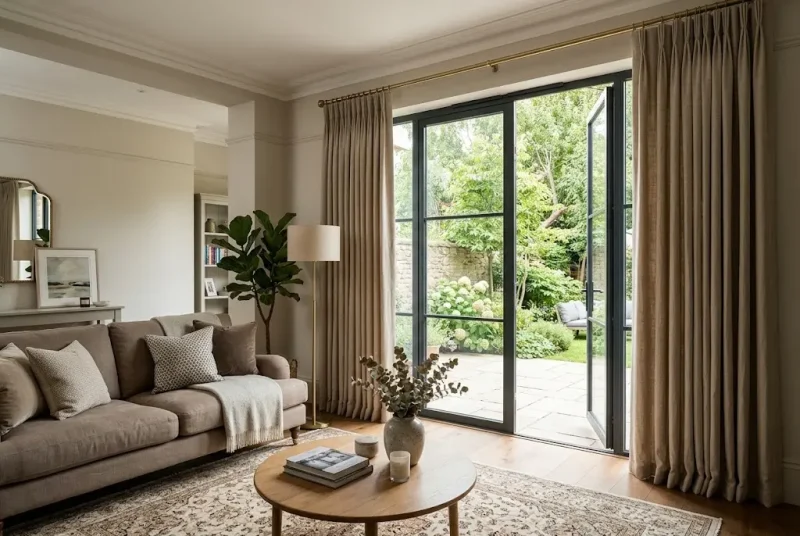 Door curtains UK style framing a glazed patio door