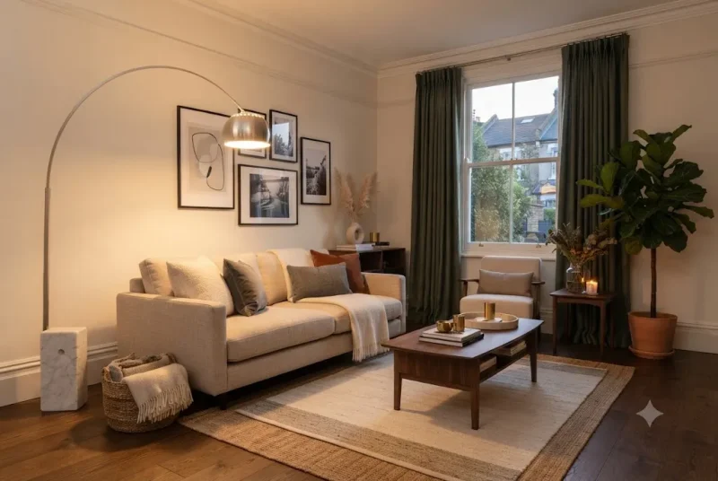 Elegant floor lamp providing ambient lighting in a contemporary UK living room.