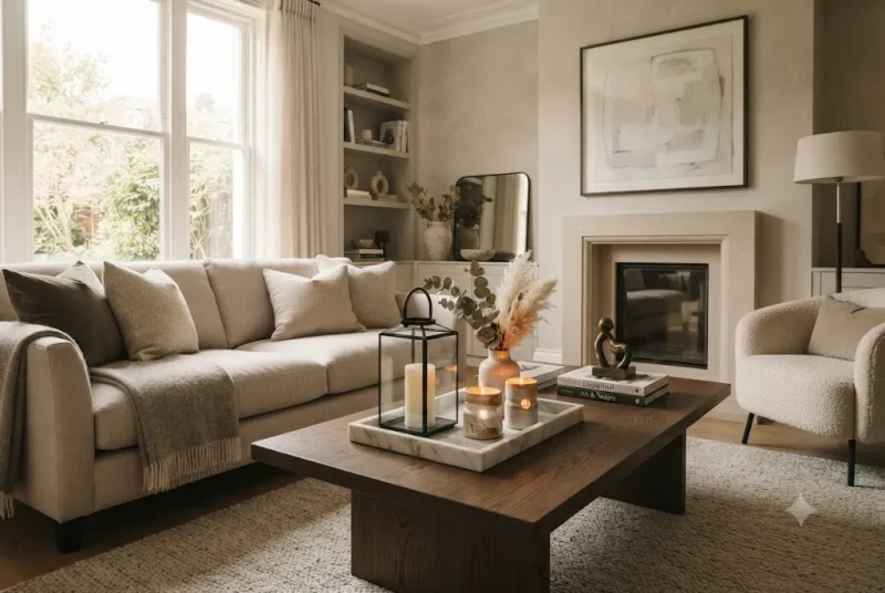 Elegant home decor accessories including candle holders, lanterns, and decorative trays in a stylish UK living room.
