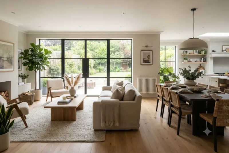 Elegant home furniture featuring a coffee table, wooden side tables for the living room, dining table set, and stylish chairs in a modern UK home.