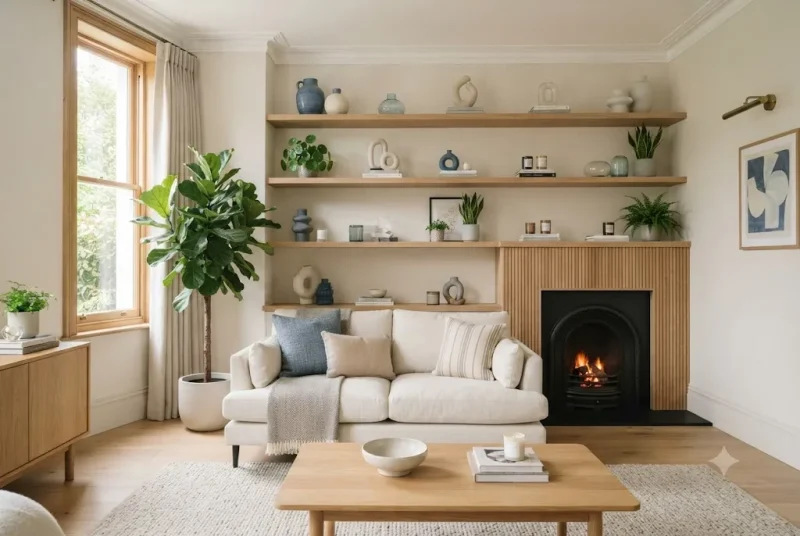 Elegant home ornaments including shelf ornaments and blue ornaments displayed in a stylish UK living room.