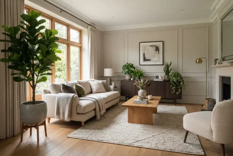 Indoor fake plants styled in a modern UK living room