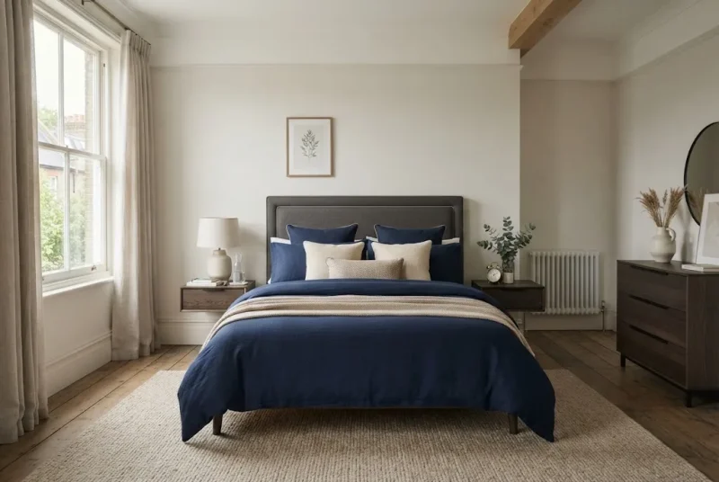 navy bedding sets styled in a modern UK bedroom