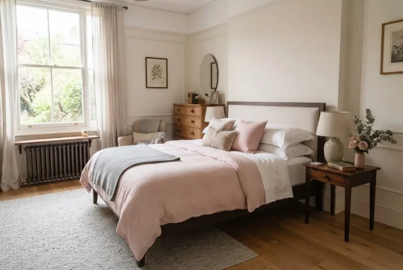 pink and white bedding styled in a modern UK bedroom