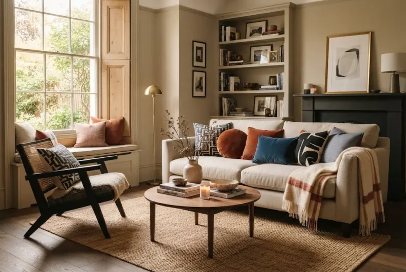 Throw pillows and throws styled on a modern UK living room sofa