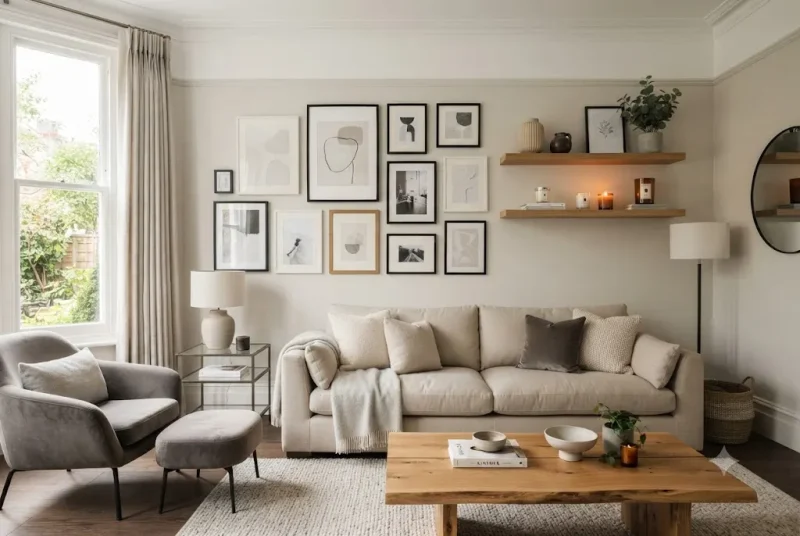 Elegant wall decor featuring photo frames and floating shelves in a stylish UK living room.