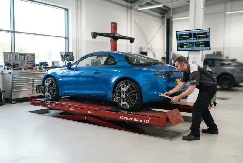 Wheel alignment being performed on a car at a professional UK garage